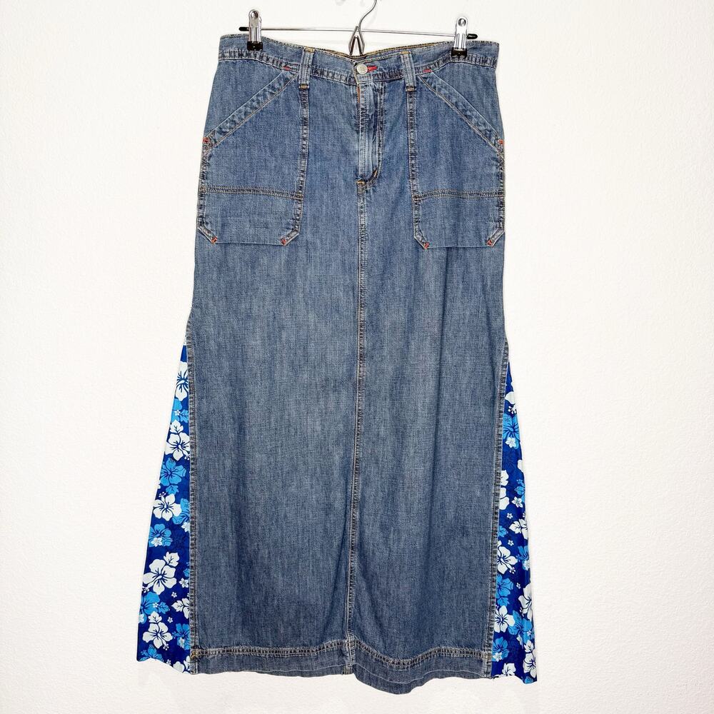Vintage 90s Lucky Brand Reworked Denim Maxi Skirt Hawaiian Hibiscus Upcycled - Picture 3 of 8
